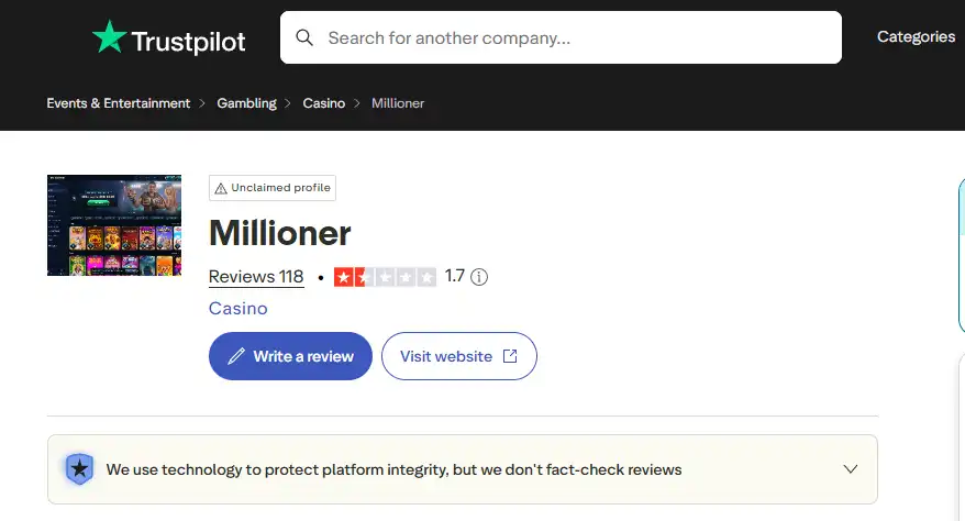 Profilo Trustpilot di Millioner con TrustScore, numero di recensioni e distribuzione delle stelle