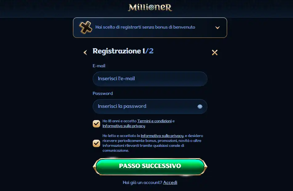 Selettore ufficiale del bonus di benvenuto Millioner