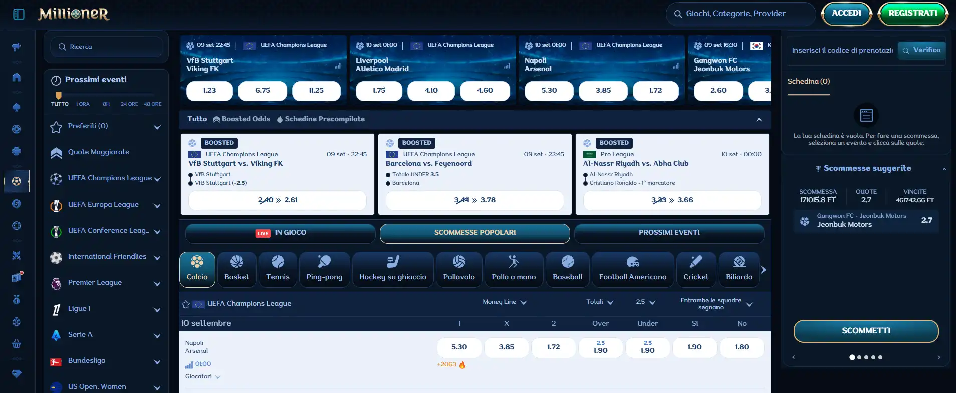 Interfaccia reale dello sportsbook Millioner con navigazione Sports, Live Betting e Virtual Sports