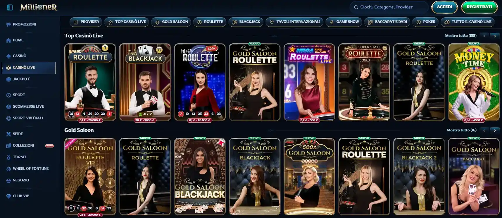 Lobby Live Casino Millioner con categorie Roulette, Blackjack e Game Shows
