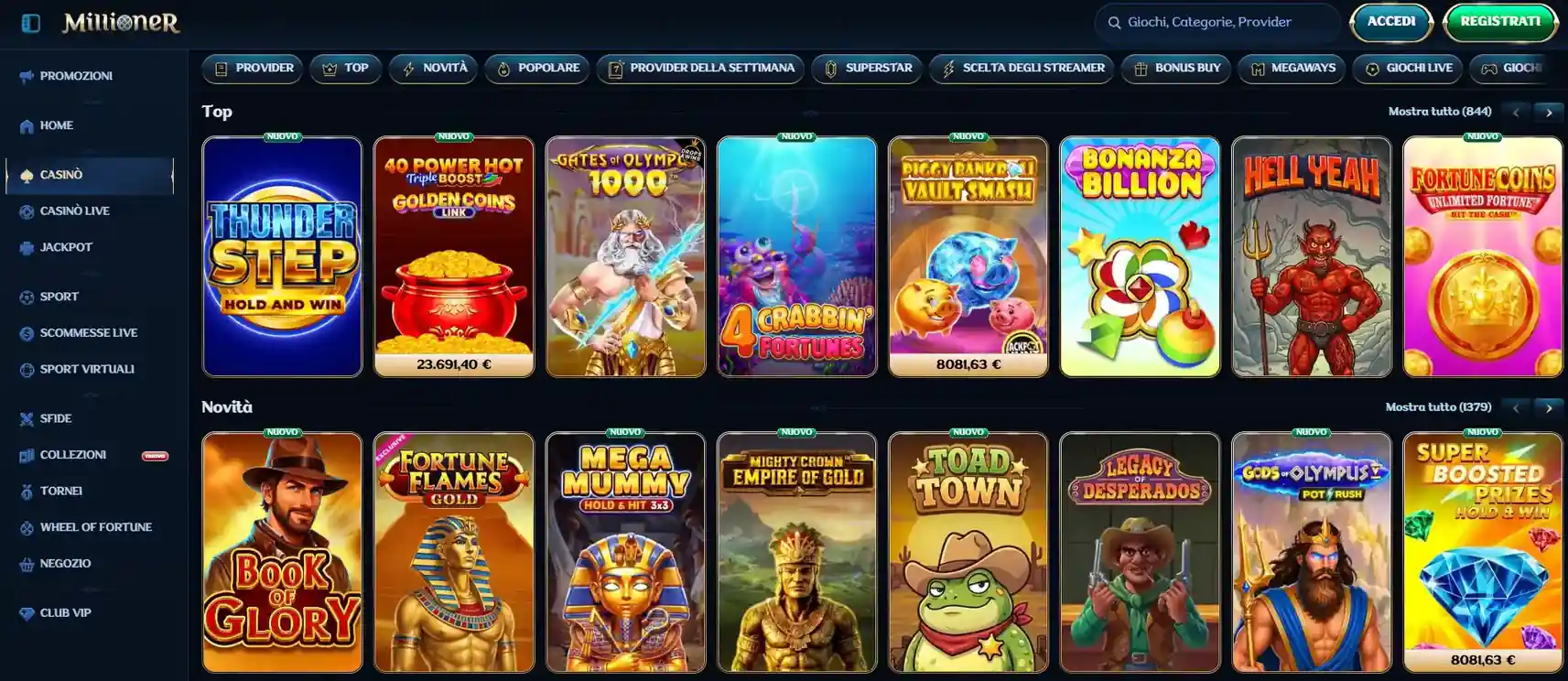 Lobby giochi Millioner in italiano con le principali categorie del casino
