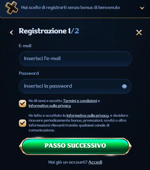 Form ufficiale di registrazione Millioner con scelta del welcome bonus o dell'opzione senza bonus